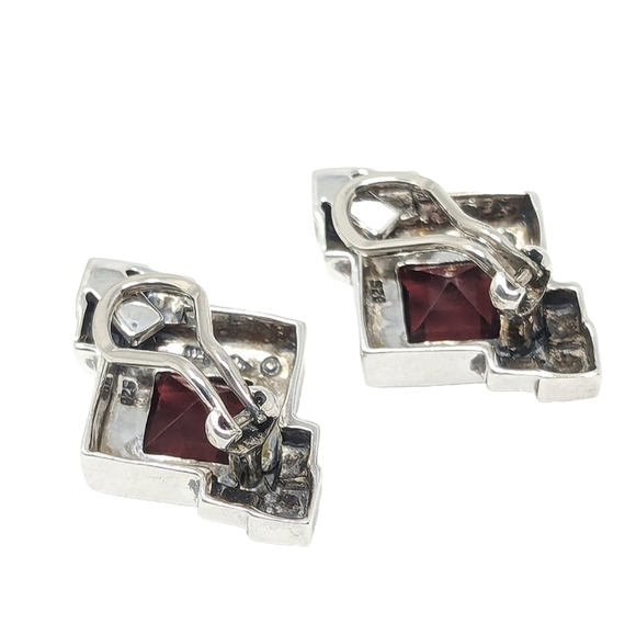 Vintage Judith Jack sterling silver 925 marcasite red garnet clip earrings - Picture 8 of 8